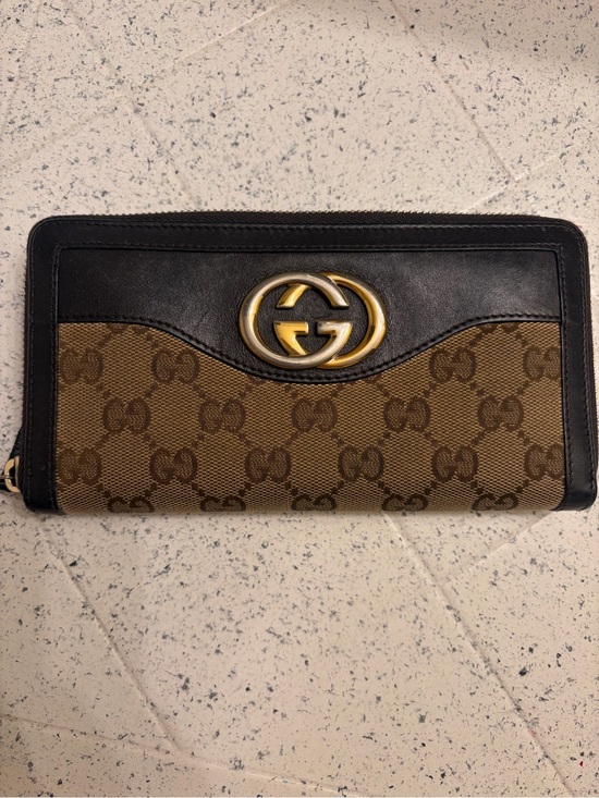 Gucci Handbags - Gucci Brown Monogram GG Zip Wallet with Brown Leather and Gold Hardware